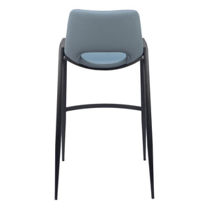 Set of Two 30" Blue And Black Faux Leather And Steel Low Back Bar Height Bar Chairs