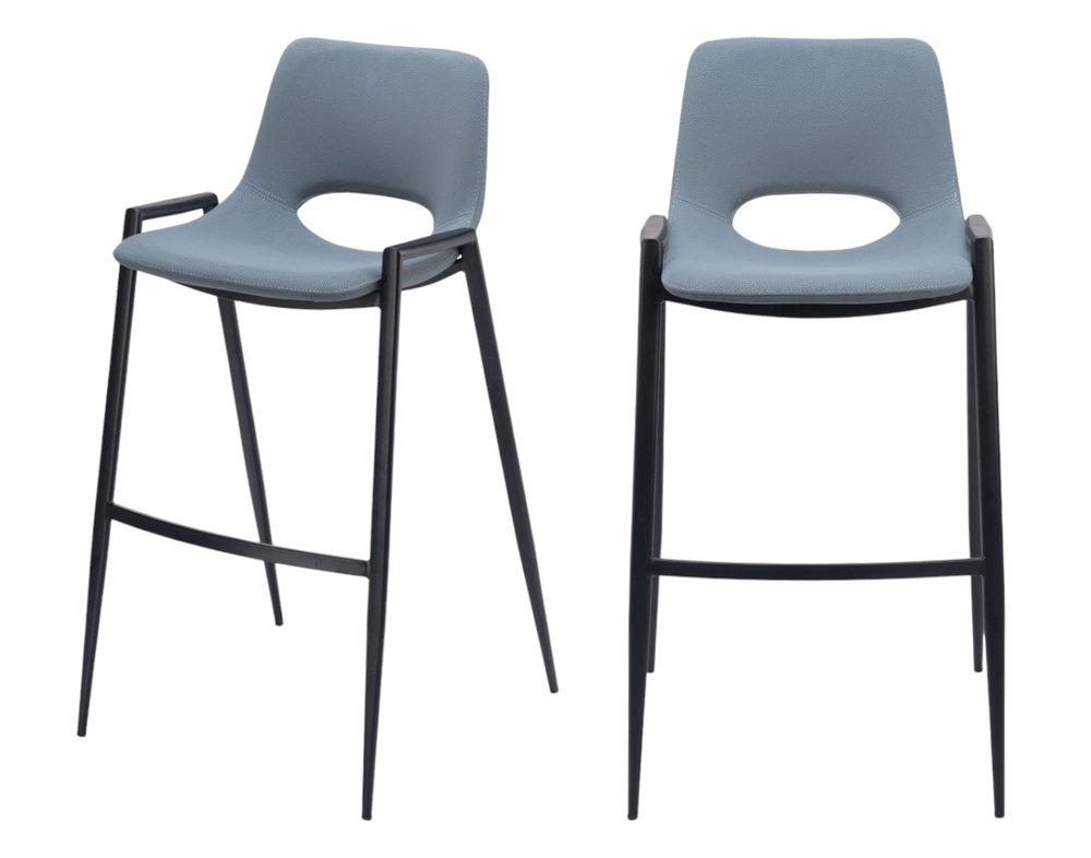 Set of Two 30" Blue And Black Faux Leather And Fabric And Steel Low Back Bar Height Bar Chairs