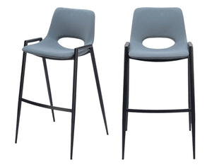 Set of Two 30" Blue And Black Faux Leather And Fabric And Steel Low Back Bar Height Bar Chairs