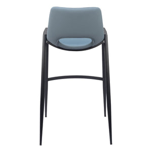 Set of Two 30" Blue And Black Faux Leather And Fabric And Steel Low Back Bar Height Bar Chairs