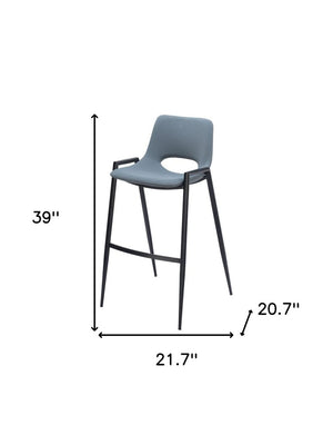 Set of Two 30" Blue And Black Faux Leather And Fabric And Steel Low Back Bar Height Bar Chairs