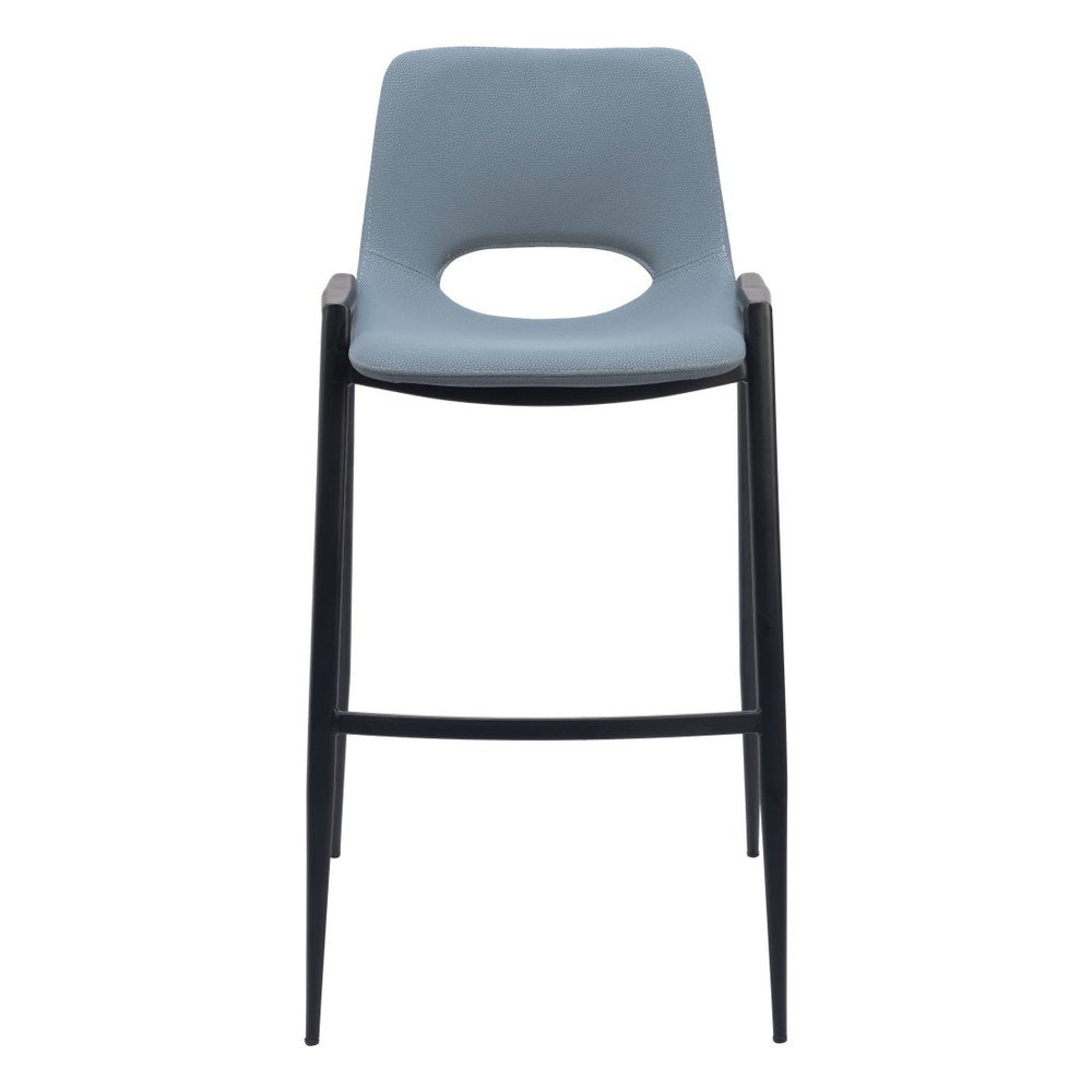 Set of Two 30" Blue And Black Faux Leather And Fabric And Steel Low Back Bar Height Bar Chairs