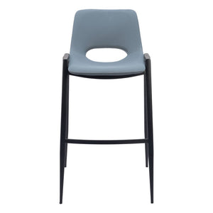 Set of Two 30" Blue And Black Faux Leather And Fabric And Steel Low Back Bar Height Bar Chairs