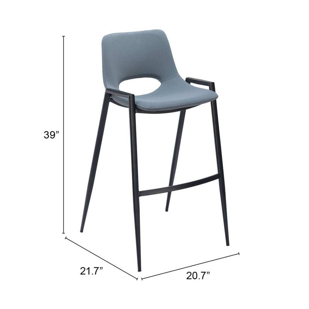 Set of Two 30" Blue And Black Faux Leather And Steel Low Back Bar Height Bar Chairs