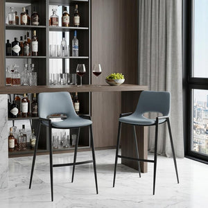Set of Two 30" Blue And Black Faux Leather And Steel Low Back Bar Height Bar Chairs