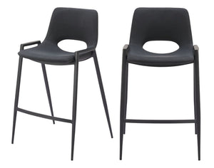 Set of Two 26" Black Faux Leather And Steel Low Back Counter Height Bar Chairs