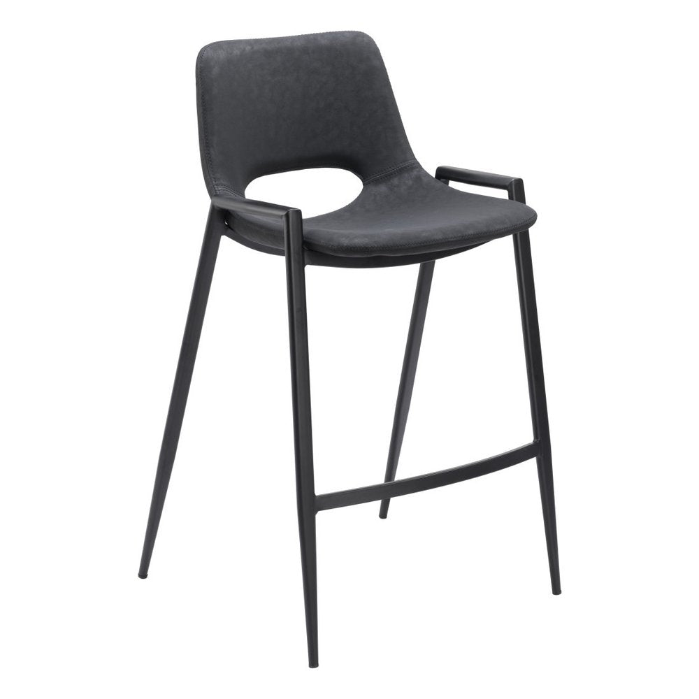 Set of Two 26" Black Faux Leather And Fabric And Steel Low Back Counter Height Bar Chairs