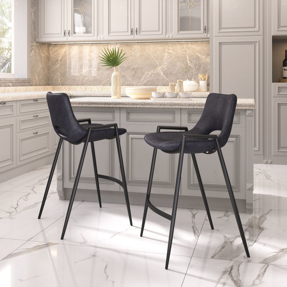 Set of Two 26" Black Faux Leather And Steel Low Back Counter Height Bar Chairs