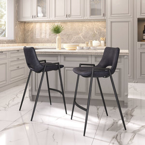 Set of Two 26" Black Faux Leather And Steel Low Back Counter Height Bar Chairs