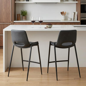 Set of Two 26" Black Faux Leather And Fabric And Steel Low Back Counter Height Bar Chairs