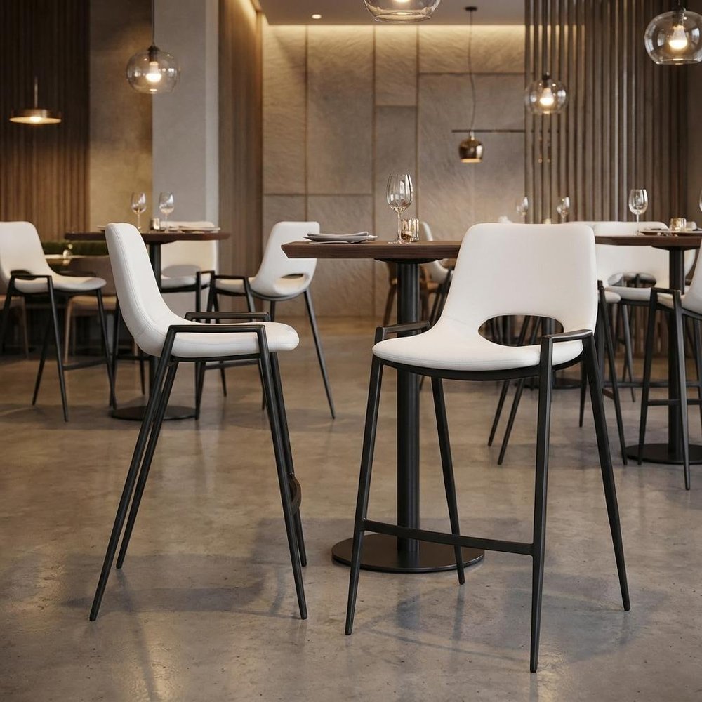 Set of Two 26" Black Faux Leather And Fabric And Steel Low Back Counter Height Bar Chairs