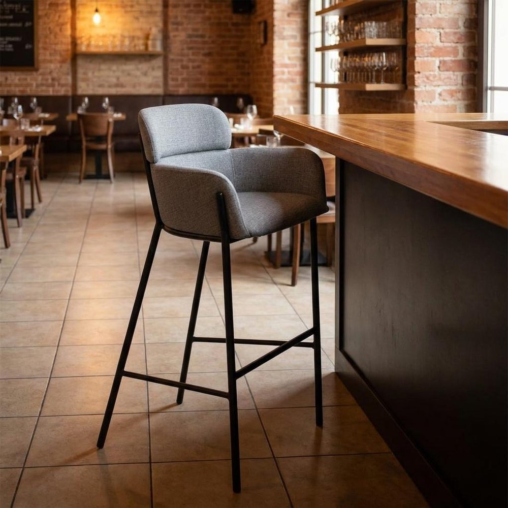 30" Slate Gray And Black Fabric And Steel Bar Height Bar Chair