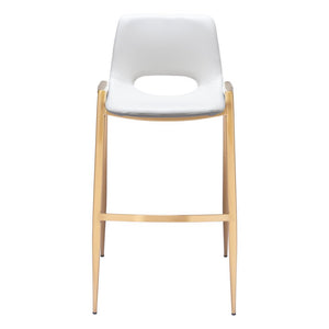 Set of Two 30" White And Gold Faux Leather And Steel Low Back Bar Height Bar Chairs