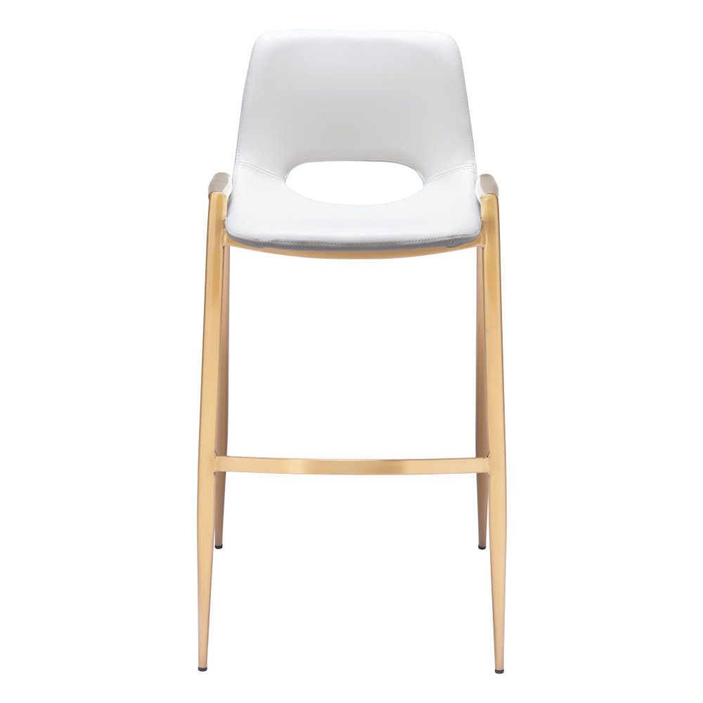 Set of Two 30" White And Gold Faux Leather And Steel Low Back Bar Height Bar Chairs