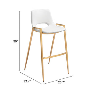 Set of Two 30" White And Gold Faux Leather And Steel Low Back Bar Height Bar Chairs