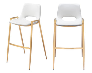 Set of Two 30" White And Gold Faux Leather And Steel Low Back Bar Height Bar Chairs