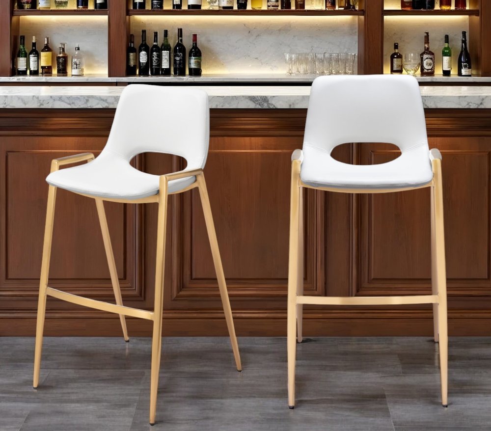 Set of Two 30" White And Gold Faux Leather And Steel Low Back Bar Height Bar Chairs
