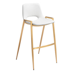 Set of Two 30" White And Gold Faux Leather And Fabric And Steel Bar Height Bar Chairs