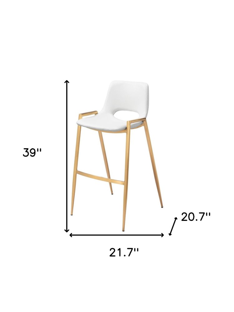 Set of Two 30" White And Gold Faux Leather And Fabric And Steel Bar Height Bar Chairs