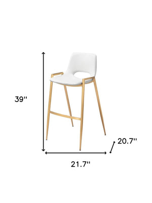 Set of Two 30" White And Gold Faux Leather And Fabric And Steel Bar Height Bar Chairs