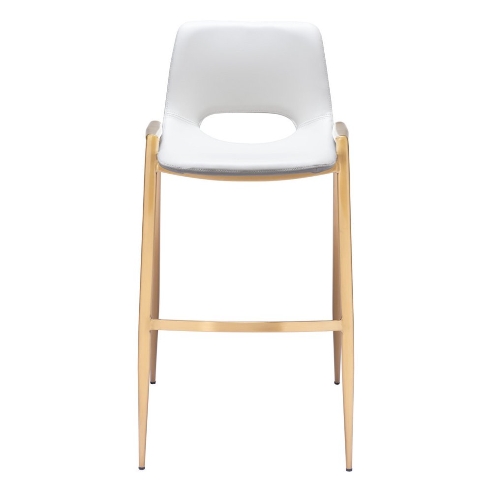 Set of Two 30" White And Gold Faux Leather And Fabric And Steel Bar Height Bar Chairs