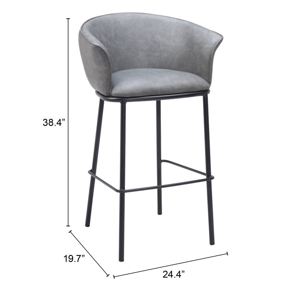 30" Gray And Black Faux Leather And Steel Bar Height Bar Chair