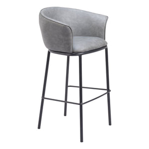 30" Gray And Black Faux Leather And Fabric And Steel Bar Height Bar Chair