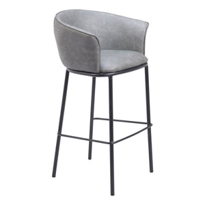 30" Gray And Black Faux Leather And Fabric And Steel Bar Height Bar Chair