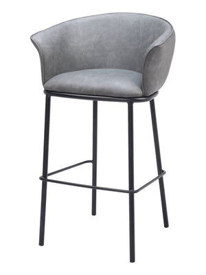 30" Gray And Black Faux Leather And Steel Bar Height Bar Chair