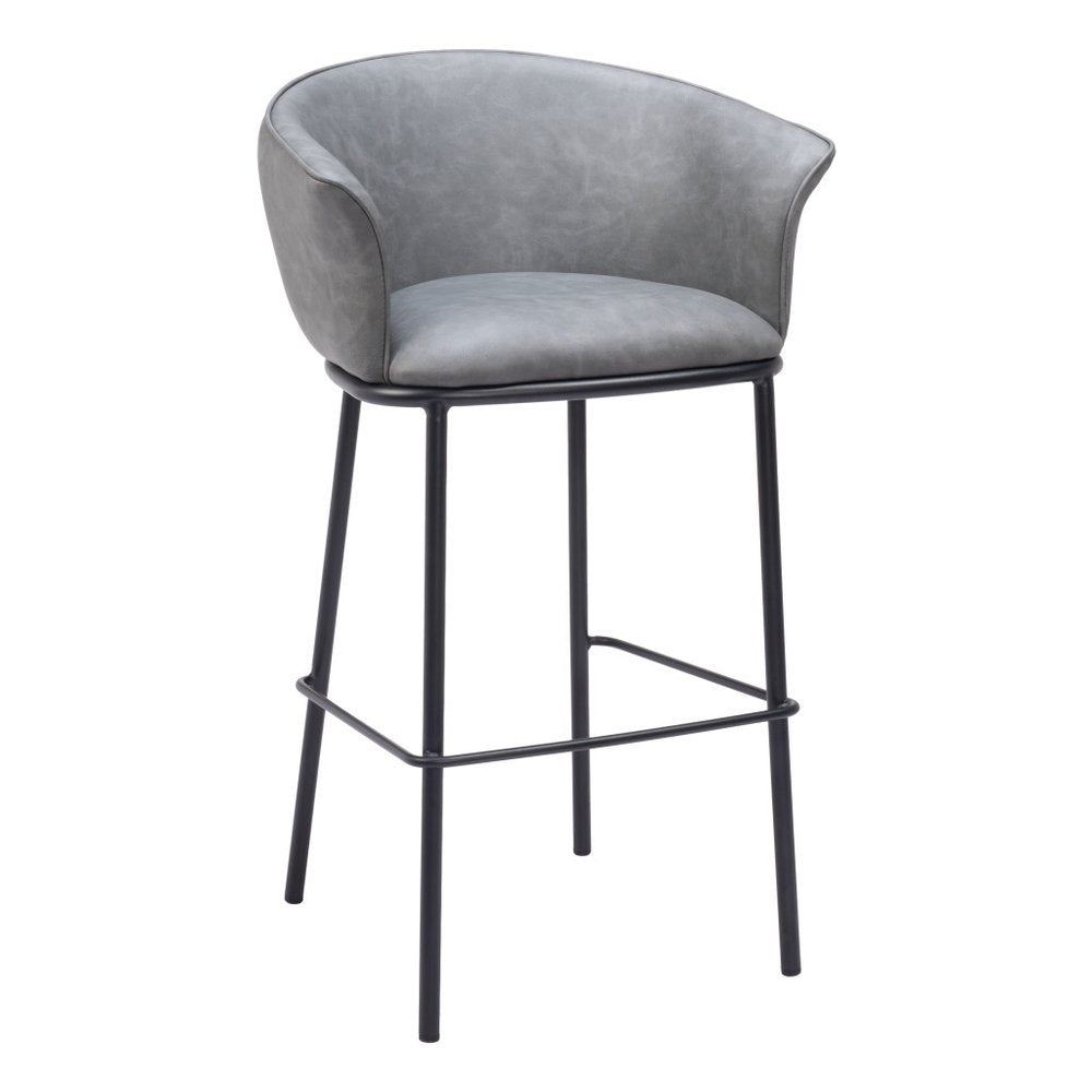 30" Gray And Black Faux Leather And Steel Bar Height Bar Chair