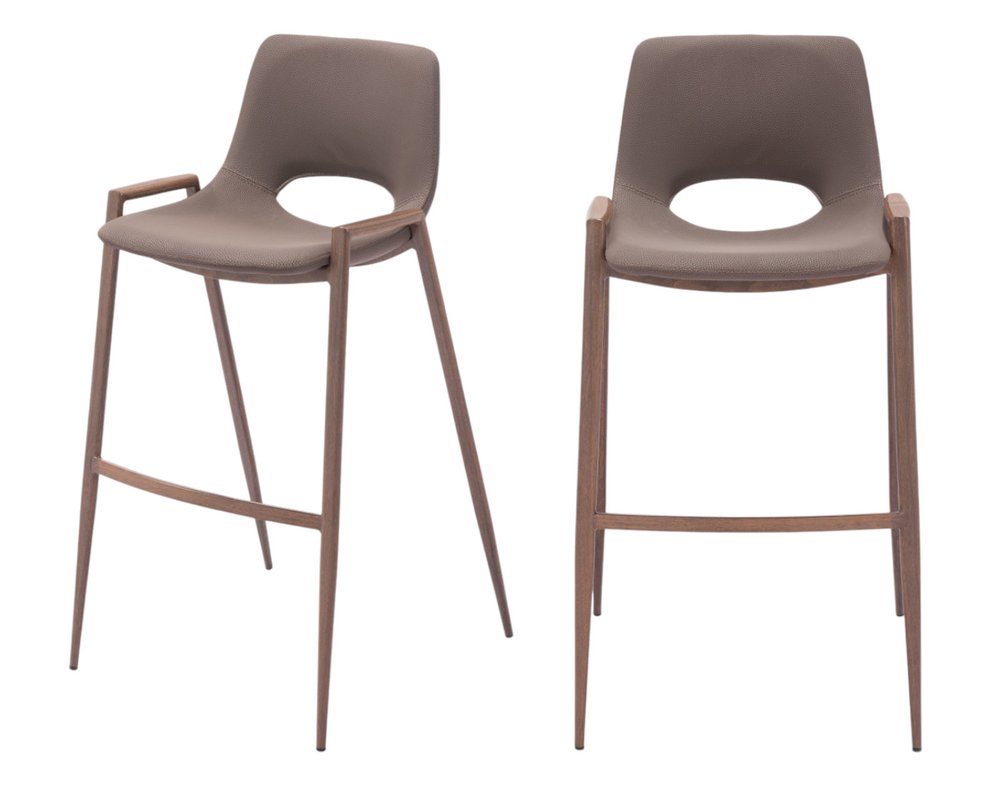 Set of Two 30" Brown Faux Leather And Fabric And Steel Low Back Bar Height Bar Chairs