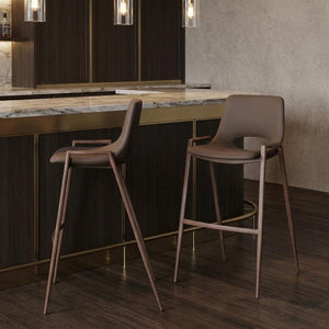 Set of Two 30" Brown Faux Leather And Fabric And Steel Low Back Bar Height Bar Chairs