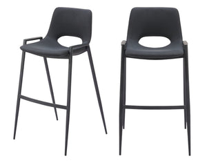 Set of Two 30" Black Faux Leather And Fabric And Steel Low Back Bar Height Bar Chairs