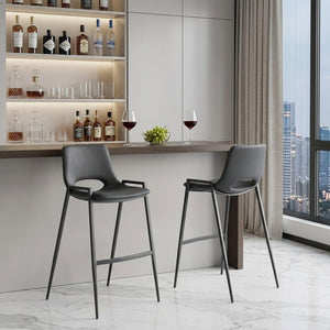 Set of Two 30" Black Faux Leather And Fabric And Steel Low Back Bar Height Bar Chairs