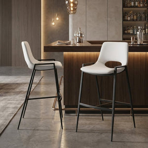 Set of Two 30" Black Faux Leather And Fabric And Steel Low Back Bar Height Bar Chairs