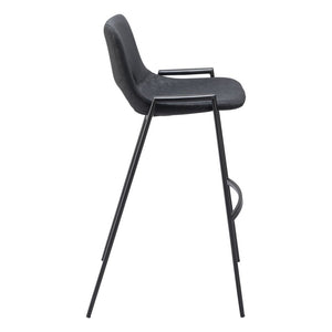 Set of Two 30" Black Faux Leather And Fabric And Steel Low Back Bar Height Bar Chairs