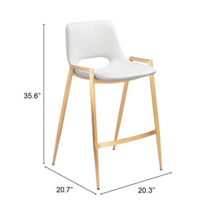 Set of Two 26" White And Gold Faux Leather And Steel Low Back Counter Height Bar Chairs