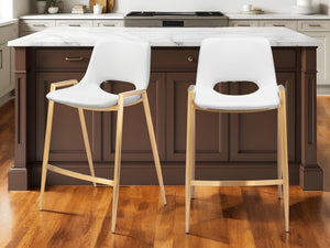Set of Two 26" White And Gold Faux Leather And Steel Low Back Counter Height Bar Chairs