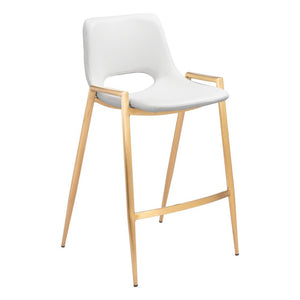Set of Two 26" White And Gold Faux Leather And Steel Low Back Counter Height Bar Chairs