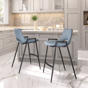 Set of Two 26" Blue And Black Faux Leather And Steel Low Back Counter Height Bar Chairs