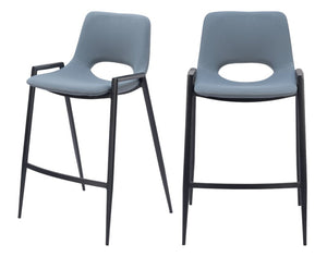 Set of Two 26" Blue And Black Faux Leather And Steel Low Back Counter Height Bar Chairs