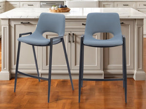 Set of Two 26" Blue And Black Faux Leather And Steel Low Back Counter Height Bar Chairs