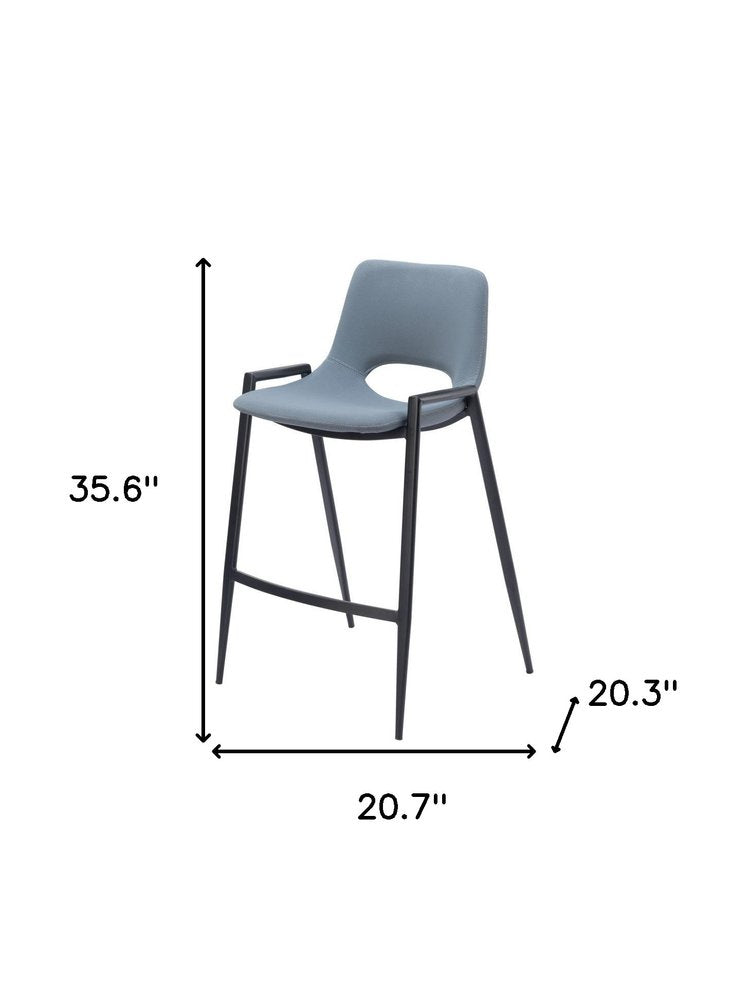 Set of Two 26" Blue And Black Faux Leather And Steel Low Back Counter Height Bar Chairs