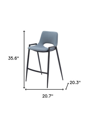 Set of Two 26" Blue And Black Faux Leather And Steel Low Back Counter Height Bar Chairs