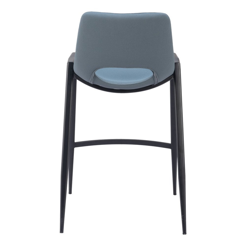 Set of Two 26" Blue And Black Faux Leather And Steel Low Back Counter Height Bar Chairs
