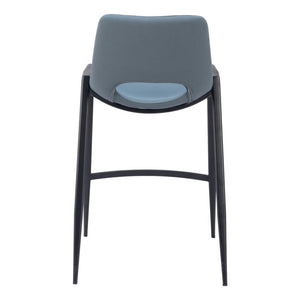Set of Two 26" Blue And Black Faux Leather And Steel Low Back Counter Height Bar Chairs