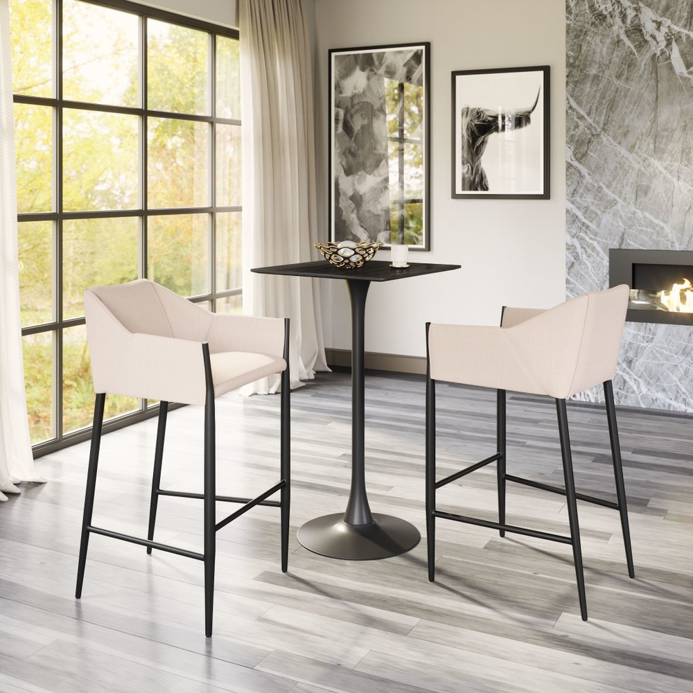 30" Beige And Black Fabric And Steel Bar Height Bar Chair