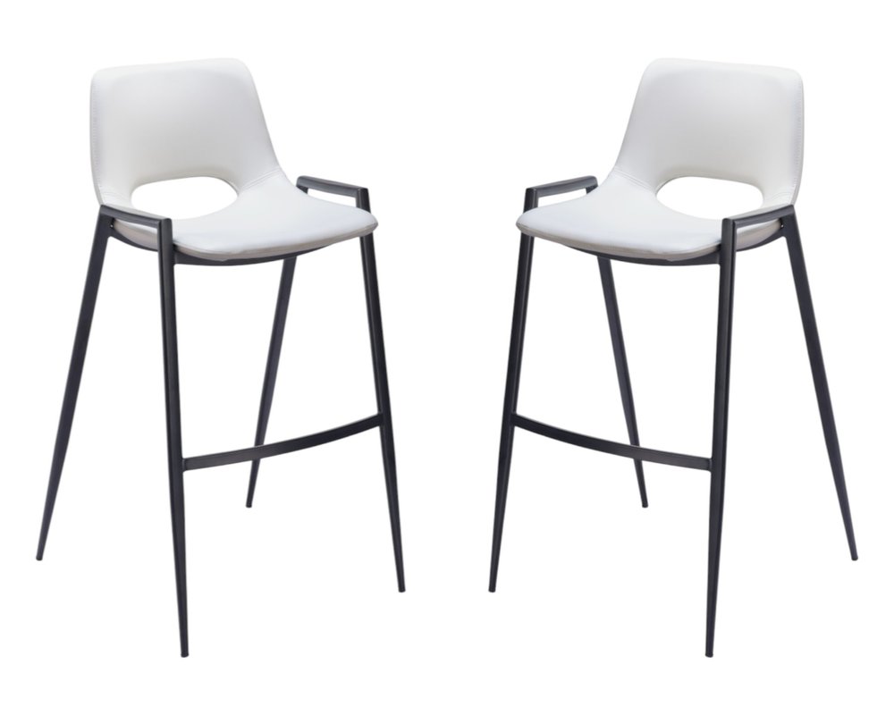 Set of Two 30" White And Black Faux Leather And Fabric And Steel Low Back Bar Height Bar Chairs