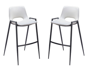 Set of Two 30" White And Black Faux Leather And Fabric And Steel Low Back Bar Height Bar Chairs