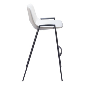 Set of Two 30" White And Black Faux Leather And Fabric And Steel Low Back Bar Height Bar Chairs